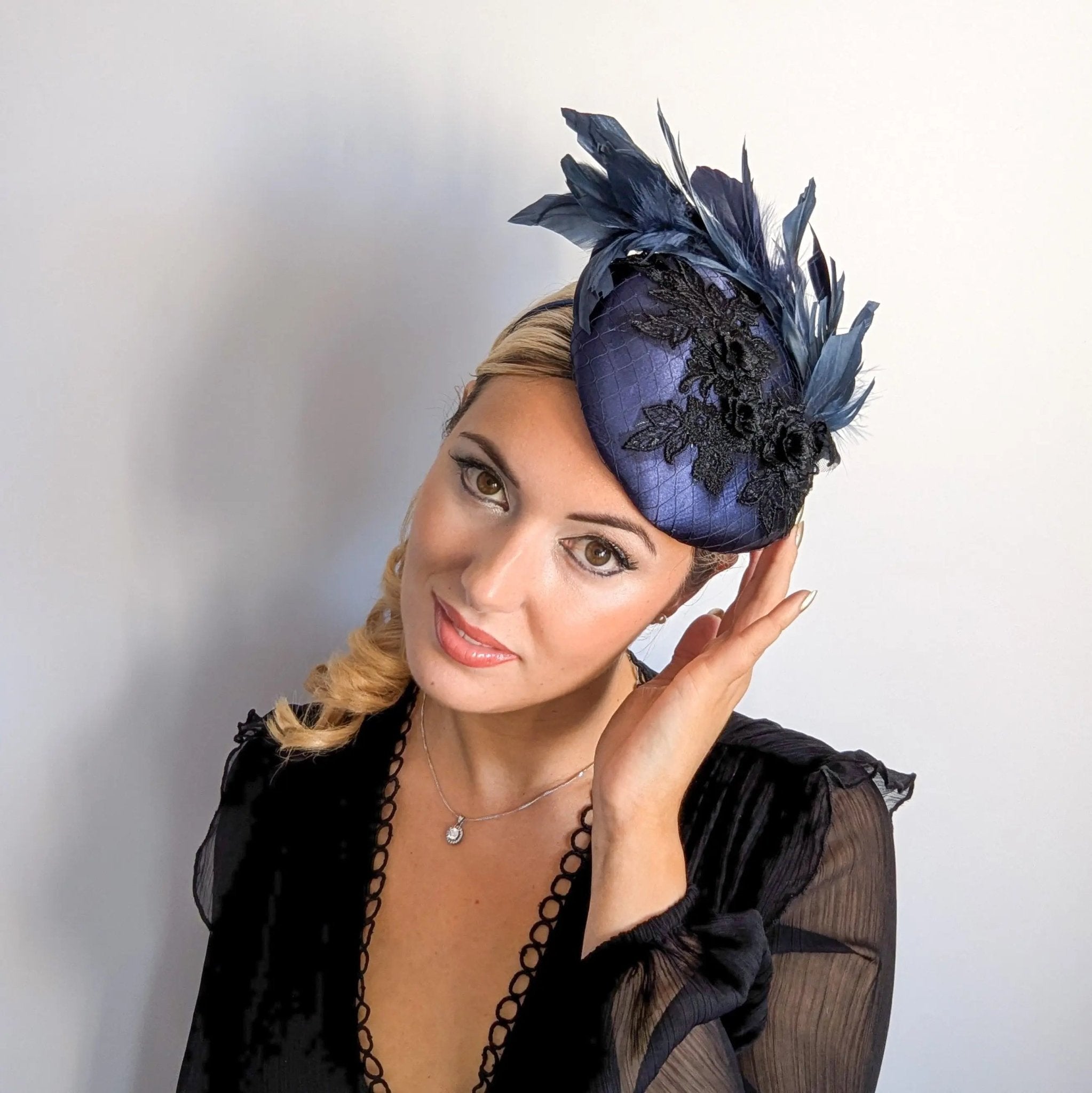 Navy blue feather lace satin fascinator hat - House of Hats