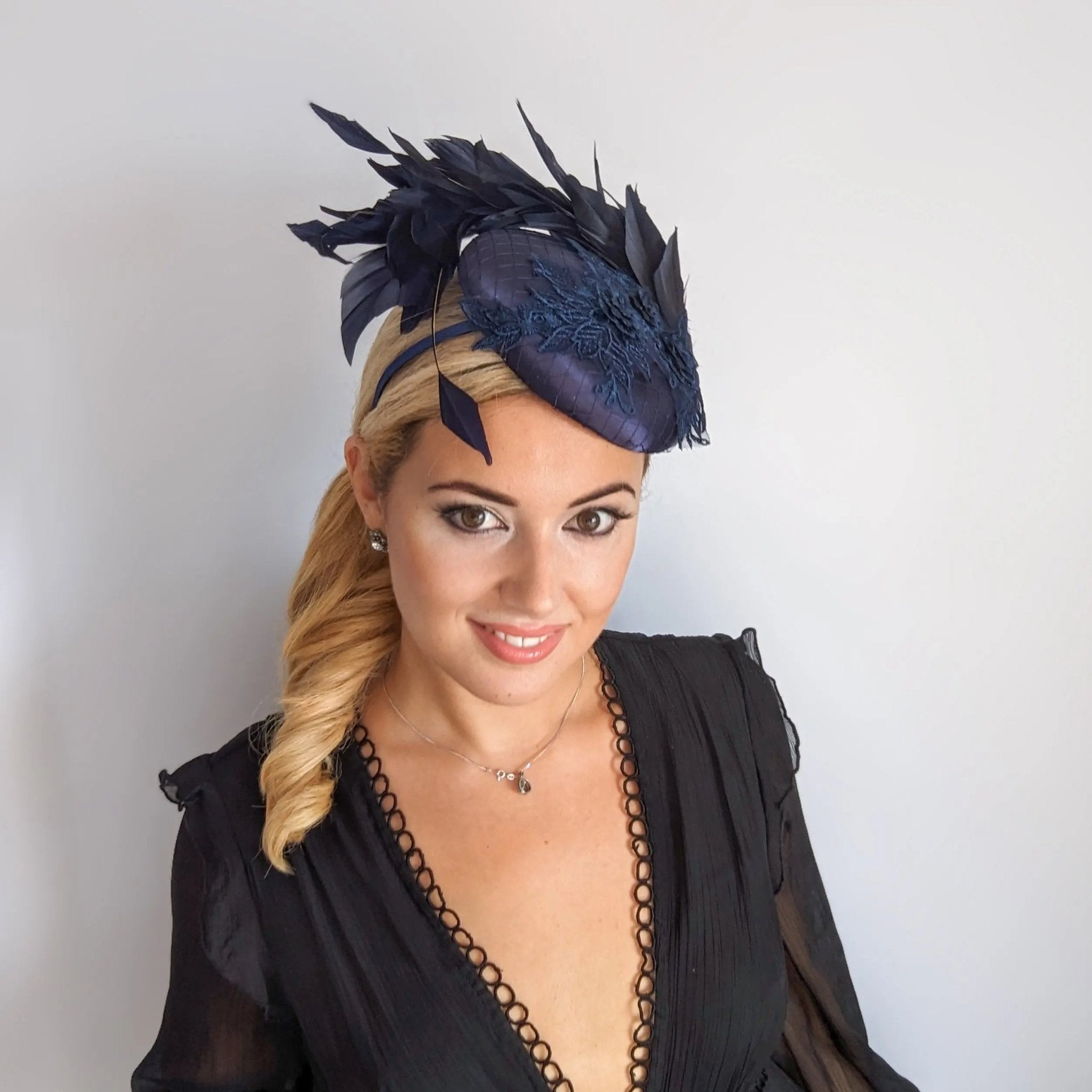 Navy blue feather lace satin fascinator hat - House of Hats