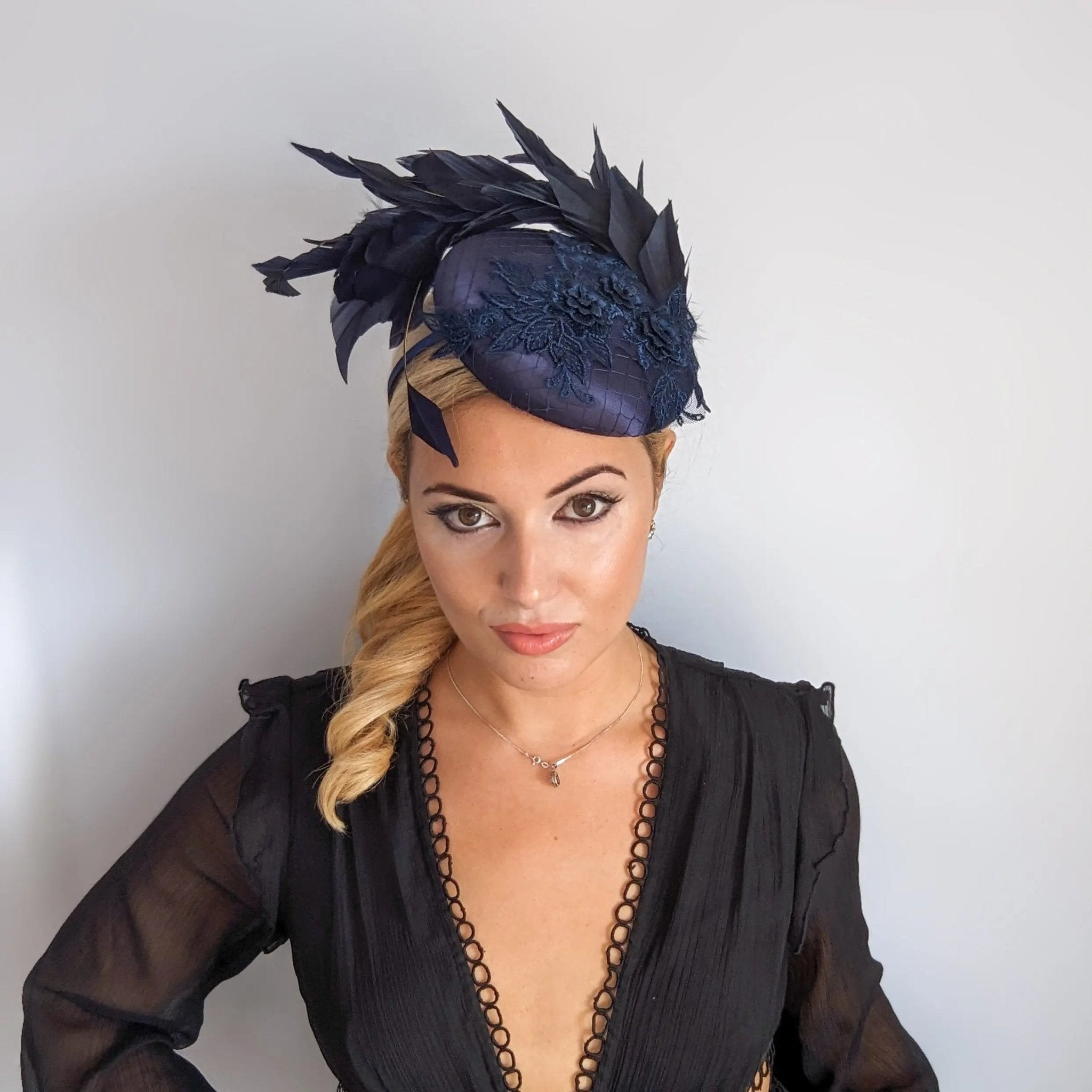 Navy blue feather lace satin fascinator hat - House of Hats
