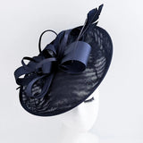 Navy blue feather large saucer disc fascinator hat - House of Hats