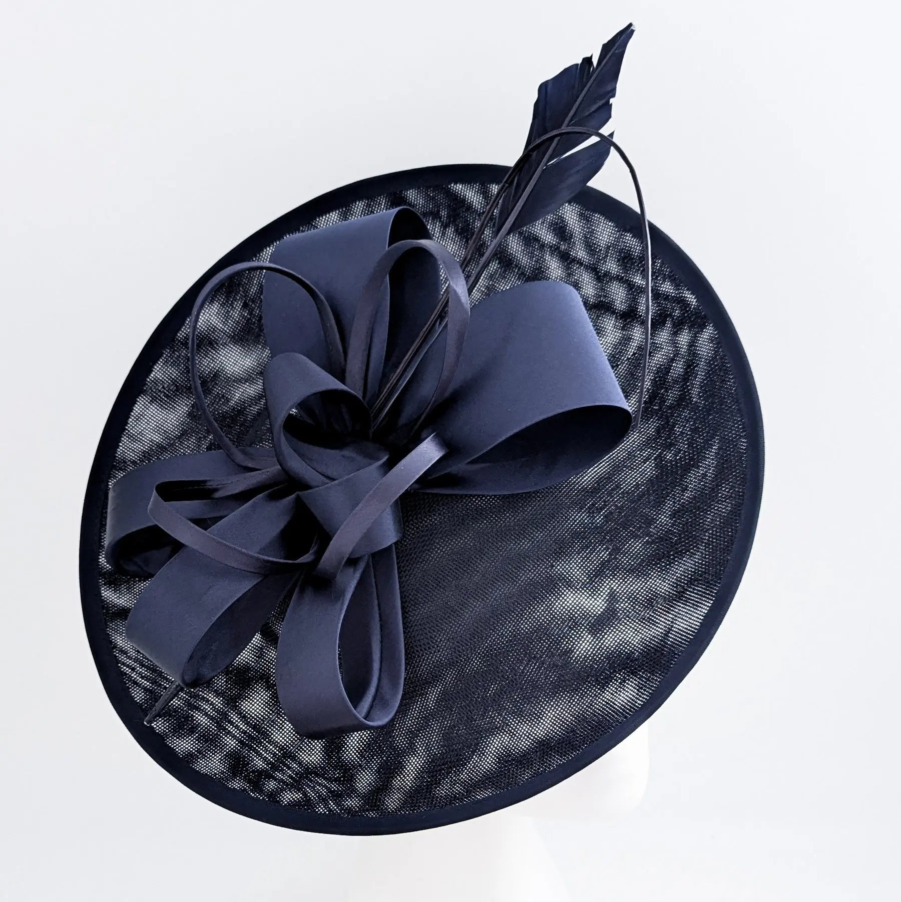 Navy blue feather large saucer disc fascinator hat - House of Hats