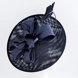 Navy blue feather large saucer disc fascinator hat - House of Hats