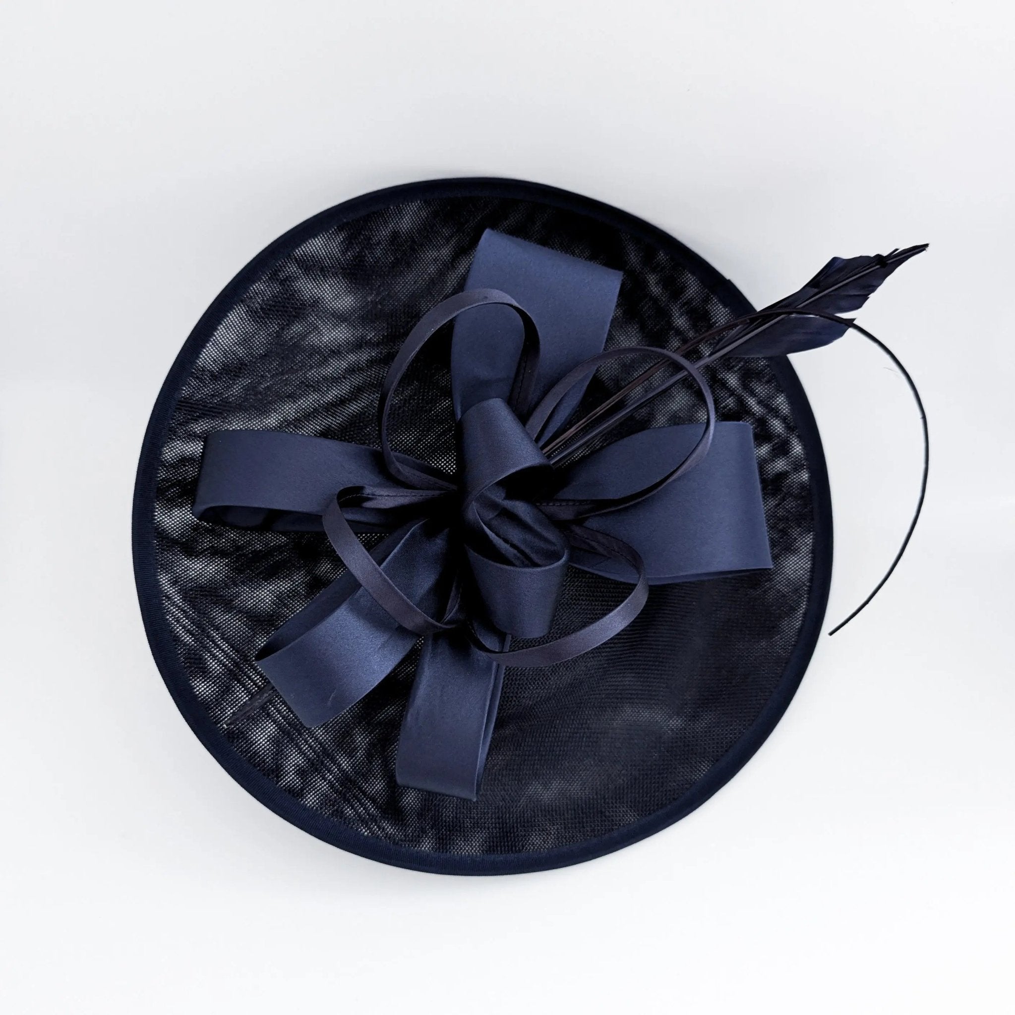Navy blue feather large saucer disc fascinator hat - House of Hats