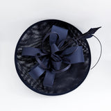 Navy blue feather large saucer disc fascinator hat - House of Hats