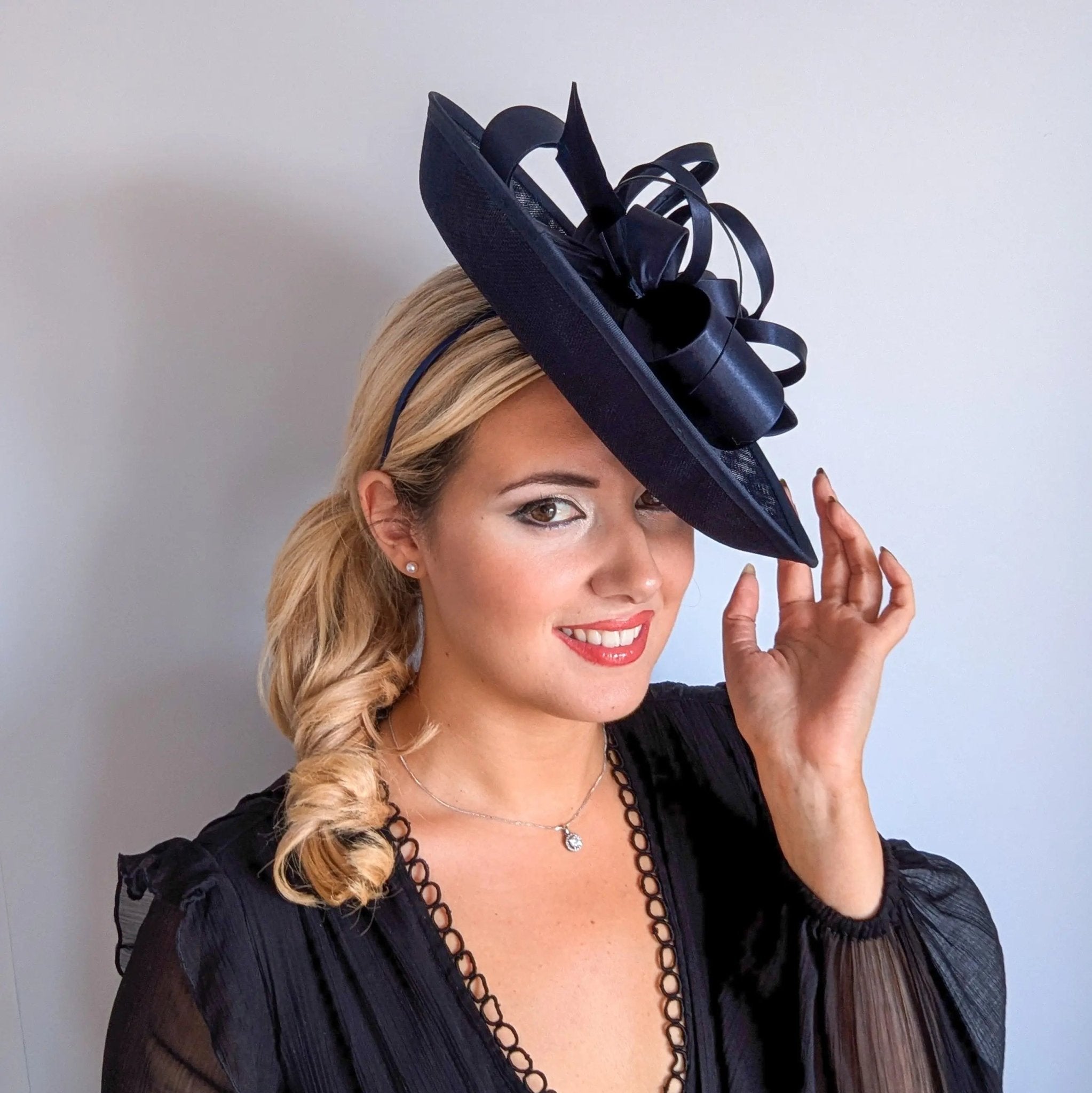 Navy blue feather large saucer disc fascinator hat - House of Hats