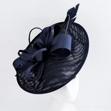 Navy blue feather large saucer disc fascinator hat - House of Hats