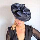 Navy blue feather large saucer disc fascinator hat - House of Hats