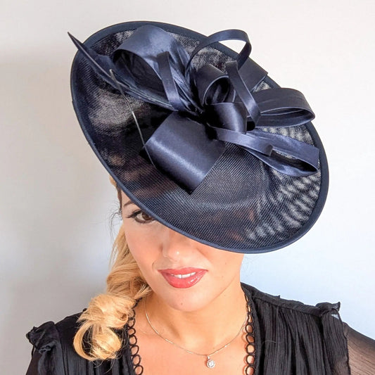 Navy blue feather large saucer disc fascinator hat - House of Hats