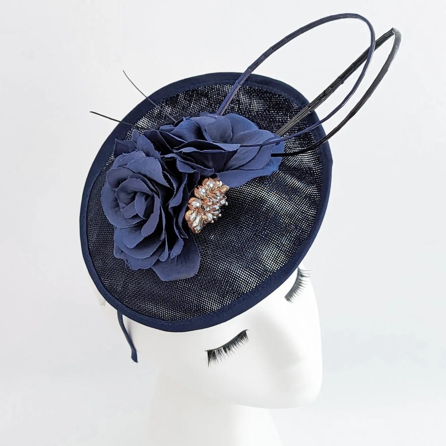 Navy blue flower disc saucer fascinator hat - House of Hats