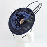 Navy blue flower disc saucer fascinator hat - House of Hats