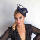 Navy blue flower disc saucer fascinator hat - House of Hats