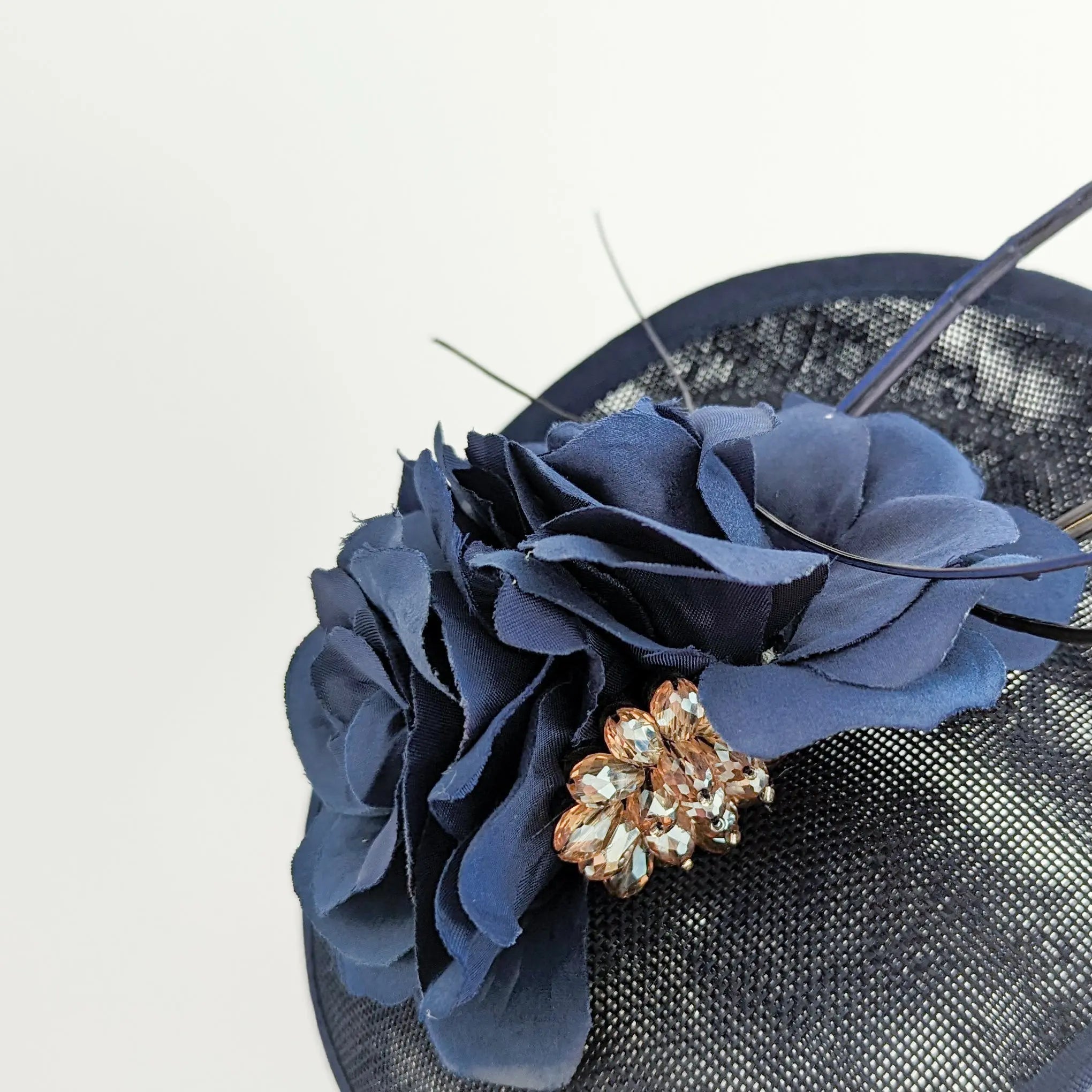 Navy blue flower disc saucer fascinator hat - House of Hats