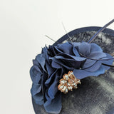 Navy blue flower disc saucer fascinator hat - House of Hats