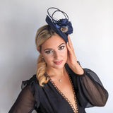 Navy blue flower disc saucer fascinator hat - House of Hats