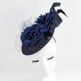 Navy blue flower fascinator disc saucer hat - House of Hats