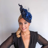 Navy blue flower fascinator disc saucer hat - House of Hats