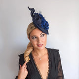 Navy blue flower fascinator disc saucer hat - House of Hats
