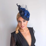 Navy blue flower fascinator disc saucer hat - House of Hats
