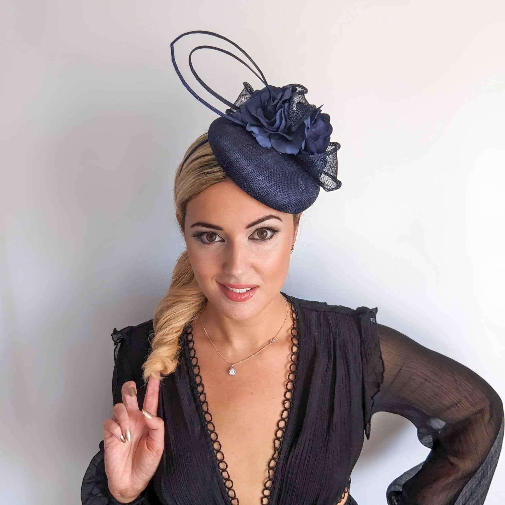 Navy blue flower fascinator hat - House of Hats