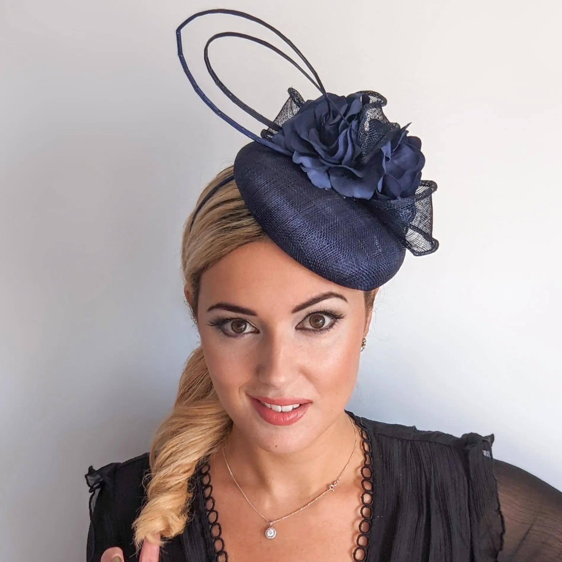 Navy blue flower fascinator hat - House of Hats