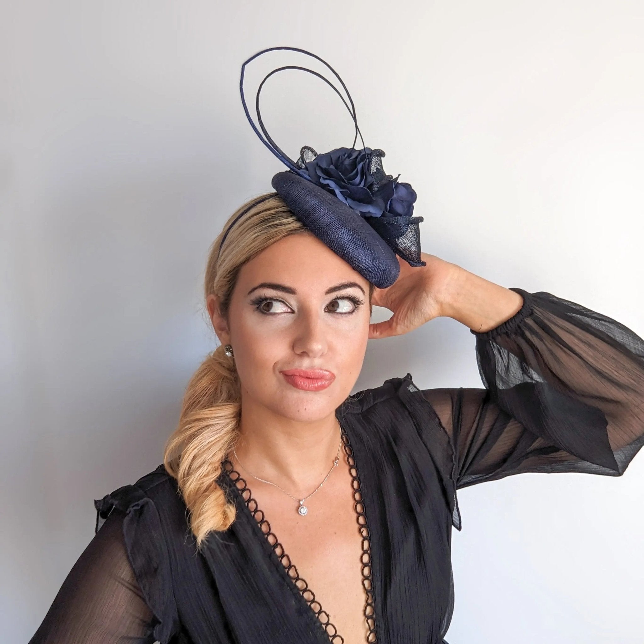 Navy blue flower fascinator hat - House of Hats