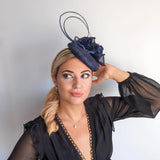 Navy blue flower fascinator hat - House of Hats