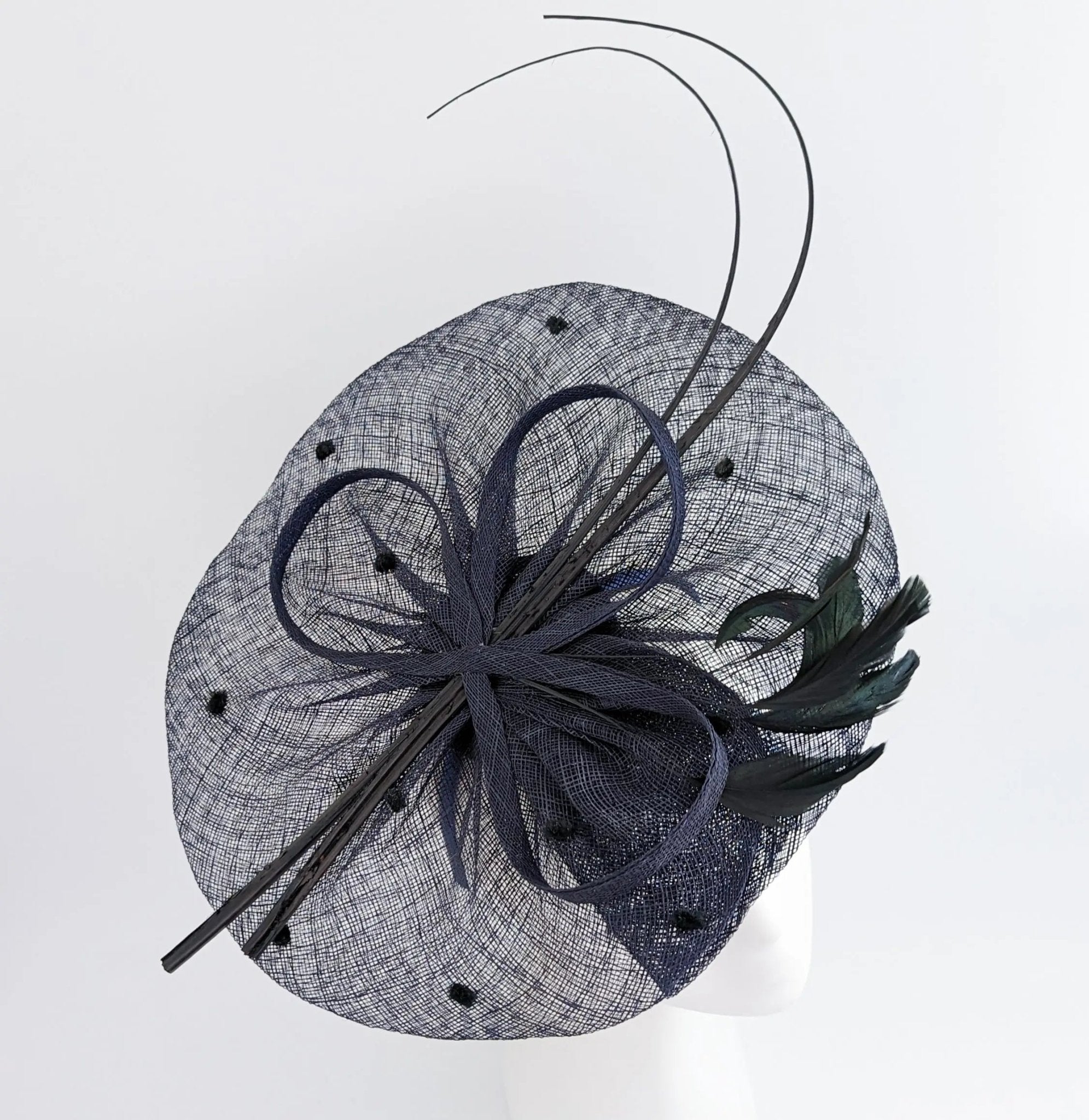 Navy blue large feather polka dot saucer disc fascinator hat - House of Hats