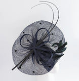 Navy blue large feather polka dot saucer disc fascinator hat - House of Hats