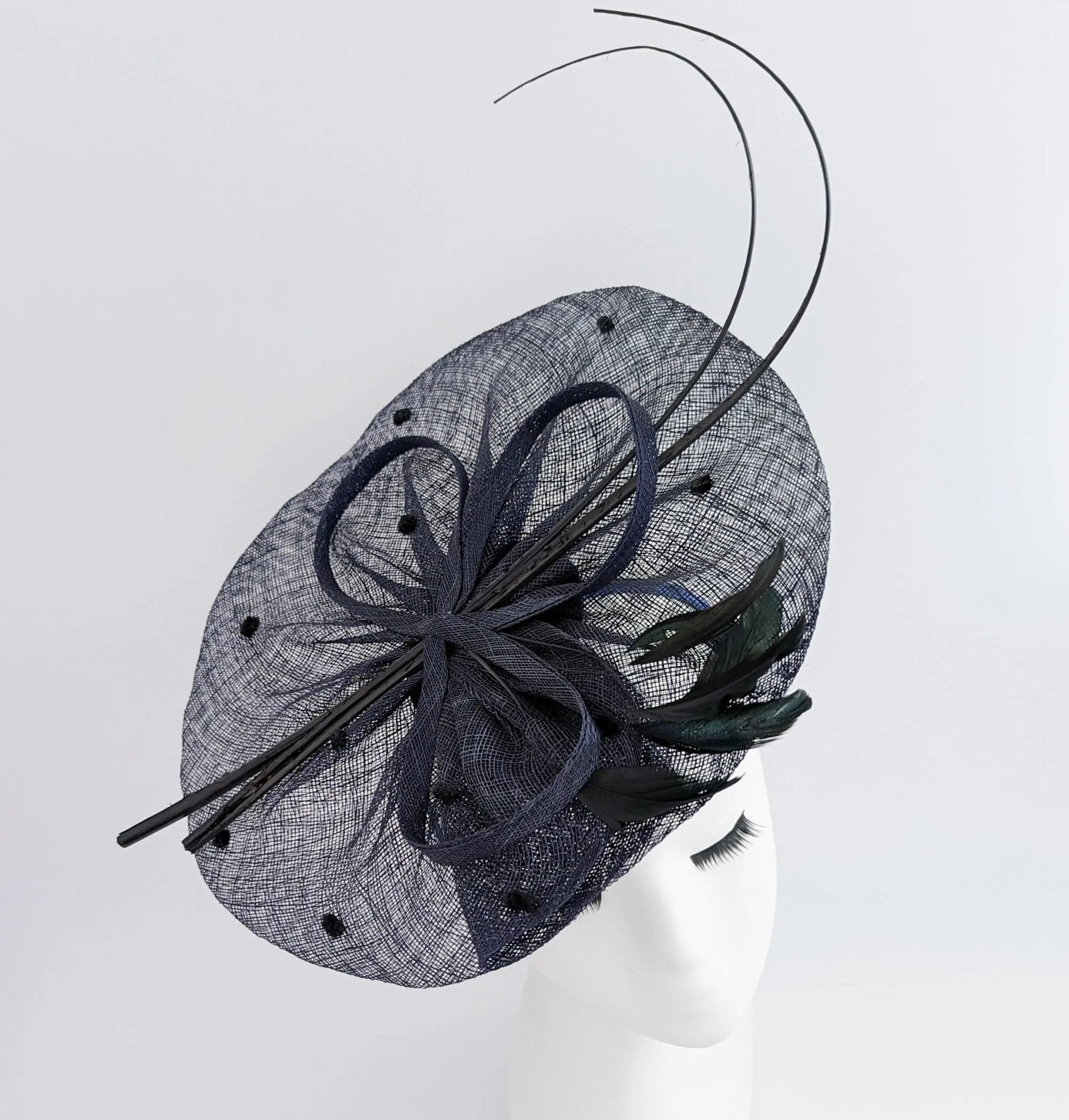 Navy blue large feather polka dot saucer disc fascinator hat - House of Hats