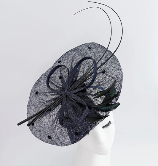Navy blue large feather polka dot saucer disc fascinator hat - House of Hats