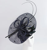 Navy blue large feather polka dot saucer disc fascinator hat - House of Hats