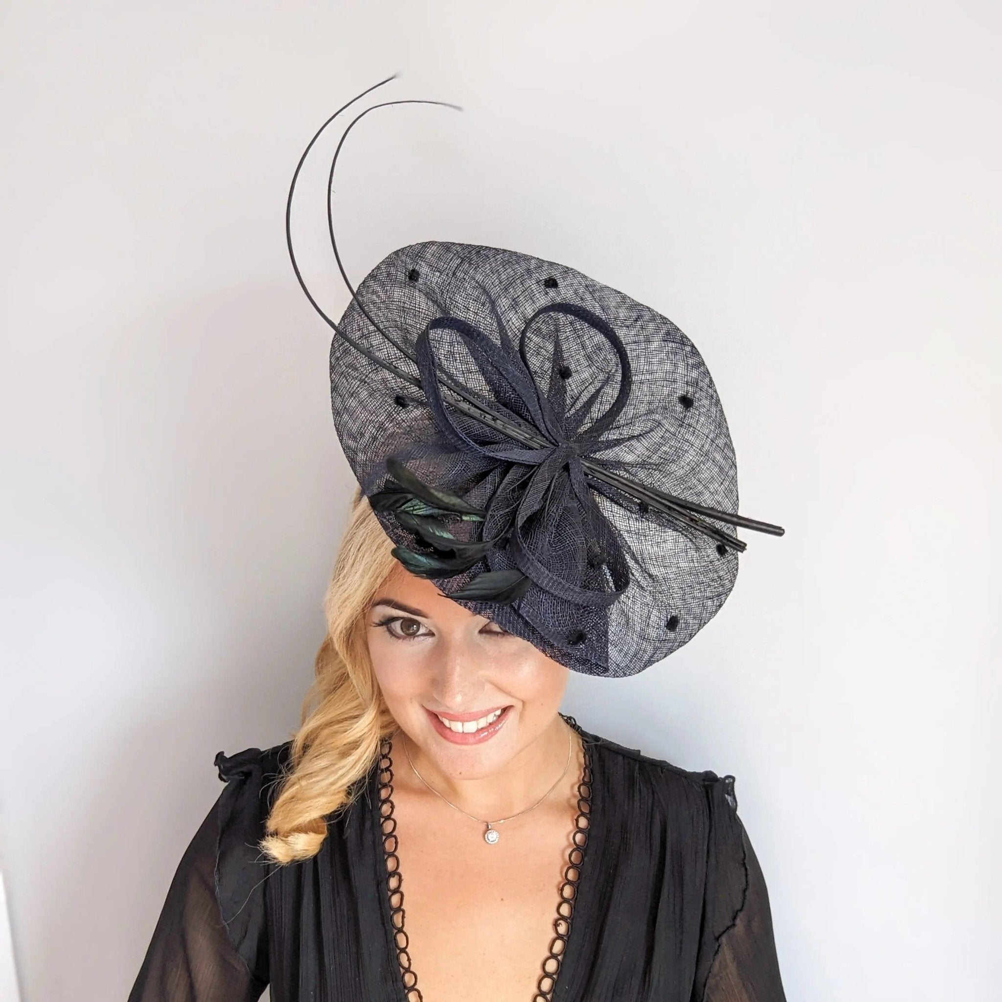 Navy blue large feather polka dot saucer disc fascinator hat - House of Hats