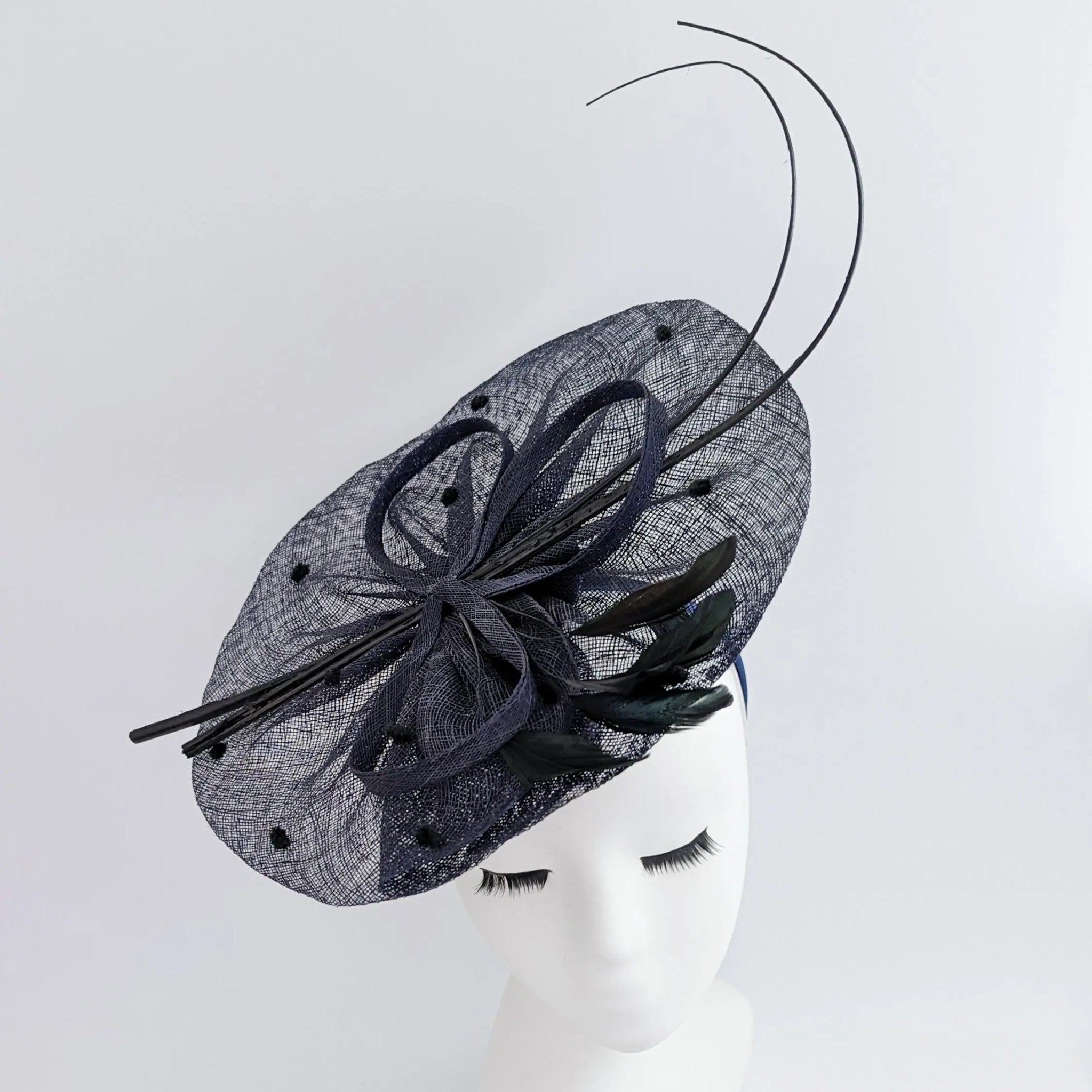 Navy blue large feather polka dot saucer disc fascinator hat - House of Hats