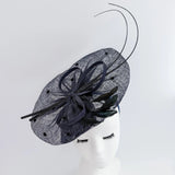 Navy blue large feather polka dot saucer disc fascinator hat - House of Hats