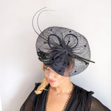 Navy blue large feather polka dot saucer disc fascinator hat - House of Hats