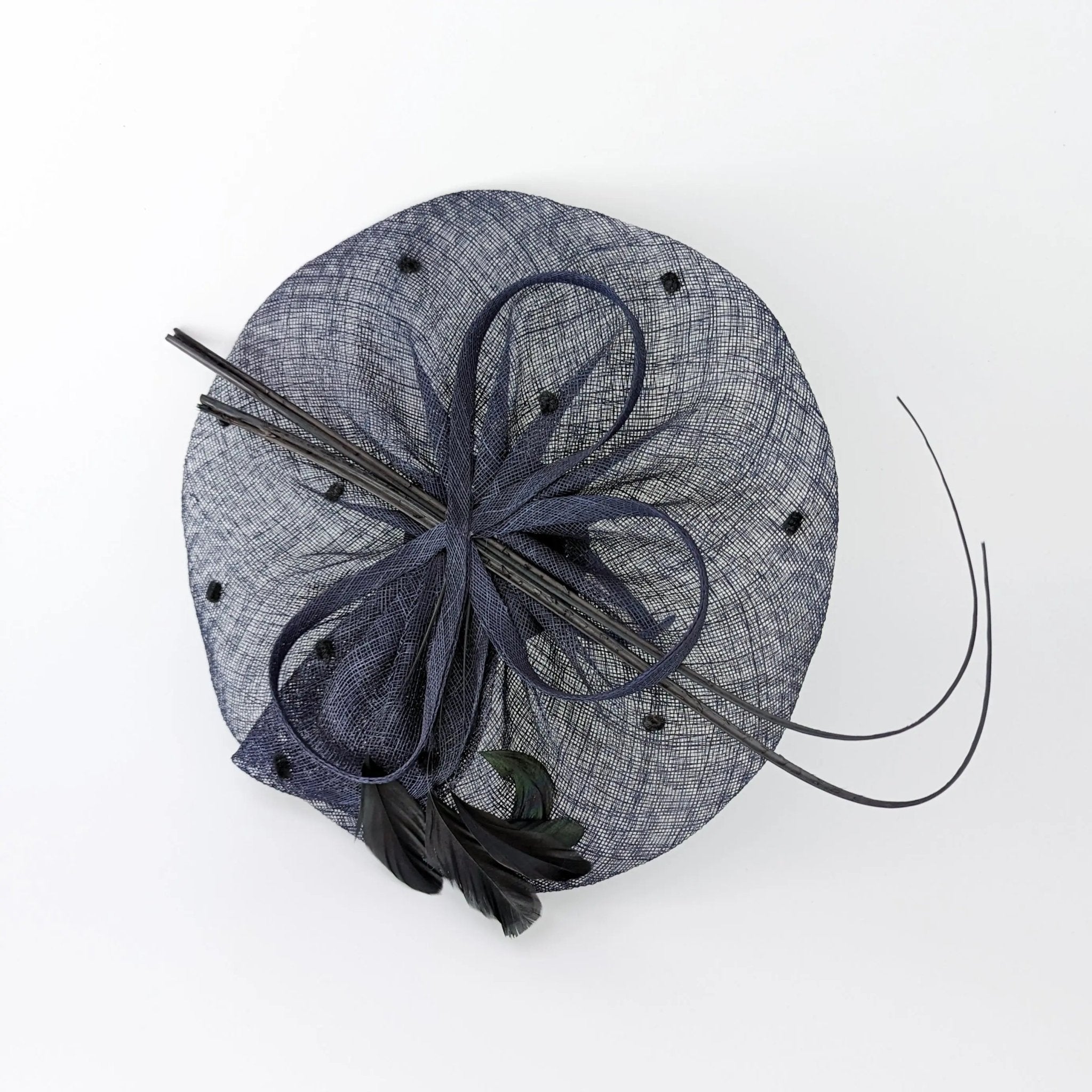 Navy blue large feather polka dot saucer disc fascinator hat - House of Hats
