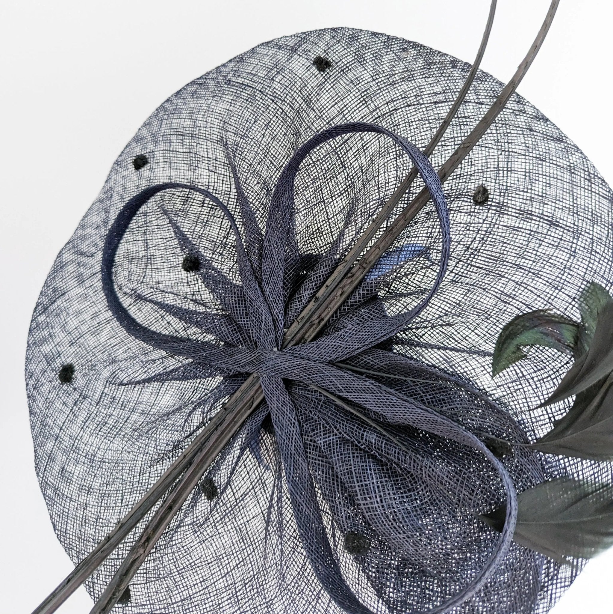 Navy blue large feather polka dot saucer disc fascinator hat - House of Hats