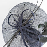 Navy blue large feather polka dot saucer disc fascinator hat - House of Hats