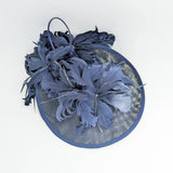 Navy blue large feather saucer disc fascinator hat - House of Hats