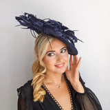Navy blue large feather saucer disc fascinator hat - House of Hats
