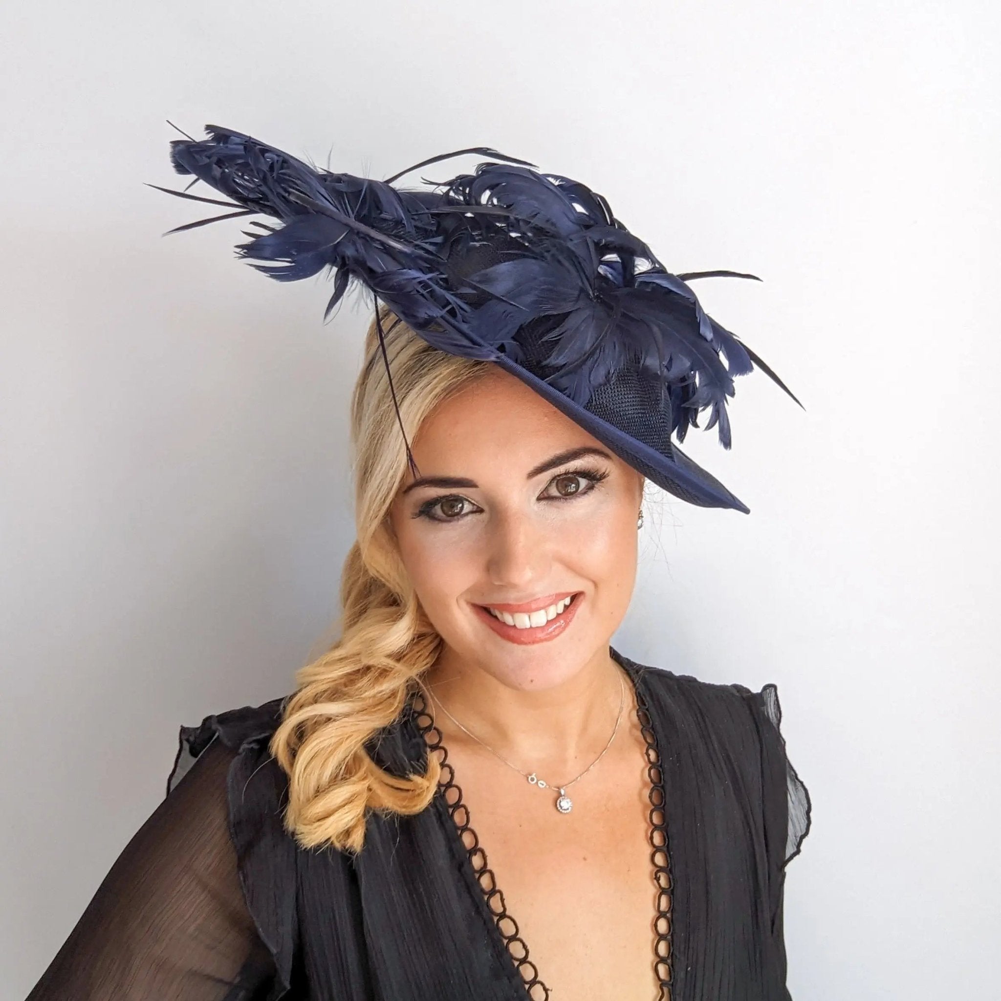 Navy blue large feather saucer disc fascinator hat - House of Hats