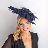 Navy blue large feather saucer disc fascinator hat - House of Hats