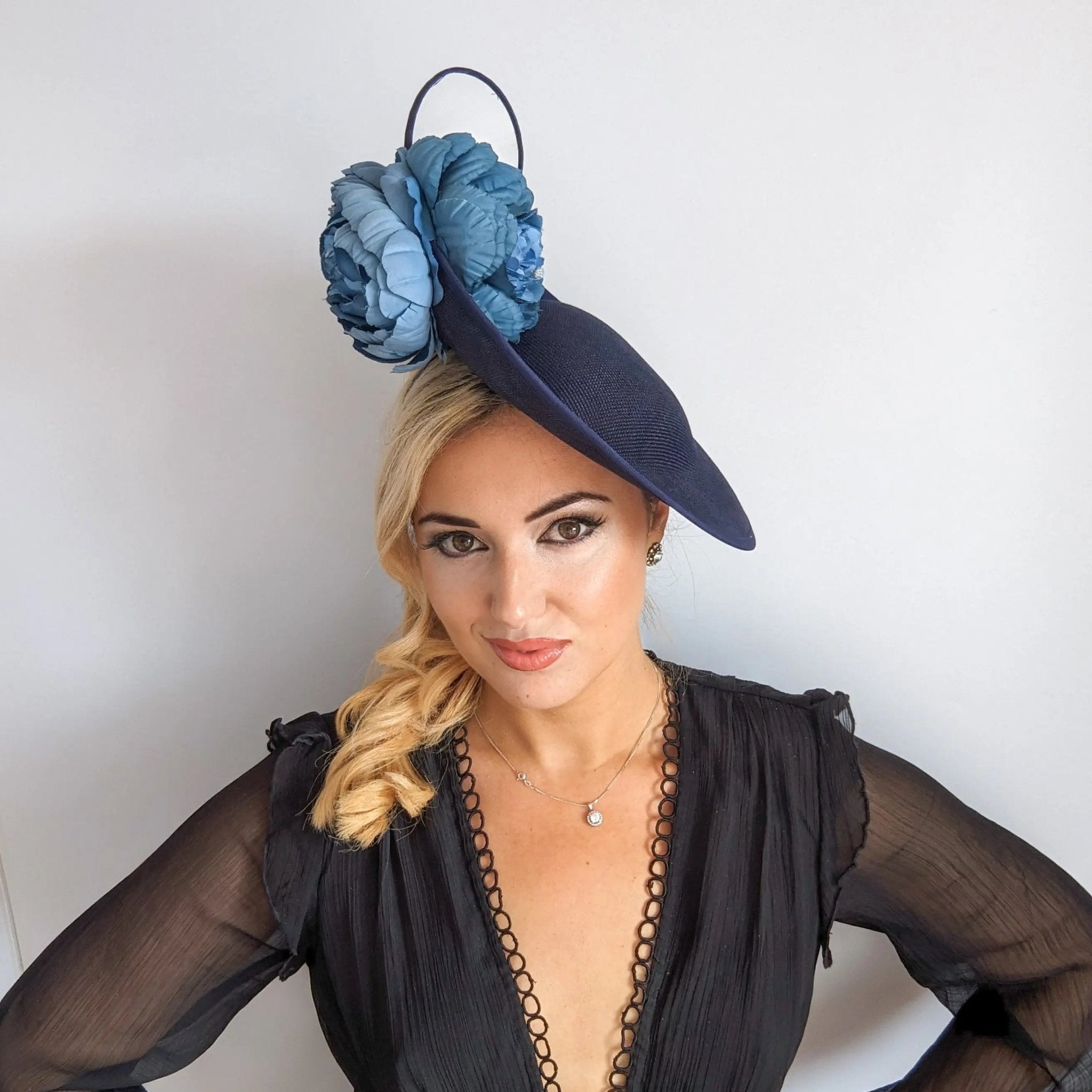 Navy blue large flower saucer disc fascinator hat - House of Hats