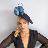 Navy blue large flower saucer disc fascinator hat - House of Hats