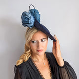 Navy blue large flower saucer disc fascinator hat - House of Hats