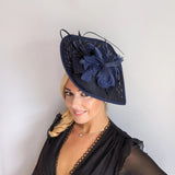Navy blue large teardrop feather fascinator hat - House of Hats