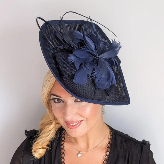 Navy blue large teardrop feather fascinator hat - House of Hats