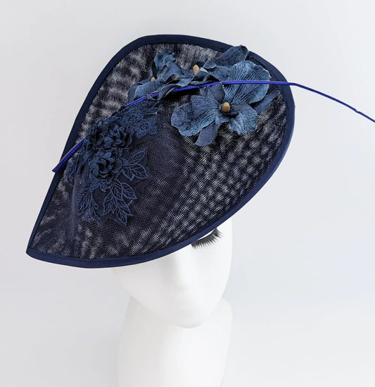 Navy blue large teardrop flower fascinator hat - House of Hats