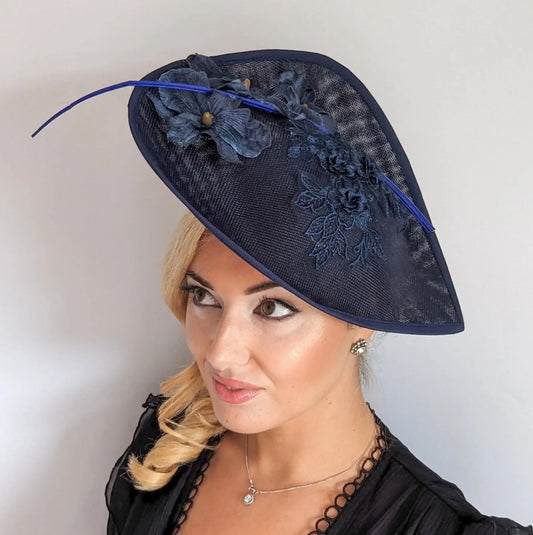 Navy blue large teardrop flower fascinator hat - House of Hats