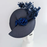 Navy blue large woven straw flower feather fascinator hat - House of Hats